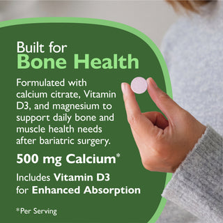 A dark green promotional graphic with white text about bone health and calcium, alongside a hand holding a round supplement tablet. The text reads: 'Built for Bone Health' and '500 mg Calcium * Includes Vitamin D3 for Enhanced Absorption'.