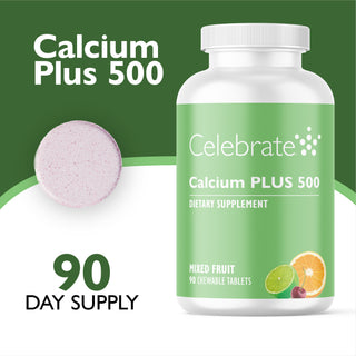 Celebrate Calcium Plus 500 dietary supplement bottle with a green label, shown alongside a single round chewable tablet and text reading 'Calcium Plus 500' and '90 Day Supply' on a green and white background.
