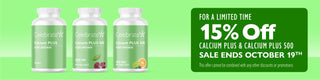 Three white supplement bottles labeled Celebrate Calcium Plus and Calcium Plus 500 on a light green background, next to a dark green promotional banner offering 15% off.