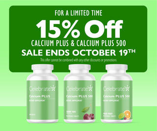 Promotional graphic for Celebrate brand calcium supplements showing three white bottles labeled Calcium Plus and Calcium Plus 500 on a light green background with a large green sale banner reading 15% off.