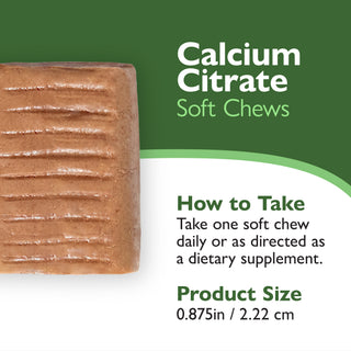 Calcium Citrate Soft Chews packaging with product details on a green and white background