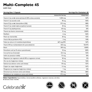 Nutritional label for Multi-Complete 45 supplement with Iron, showing ingredients and amounts per serving.