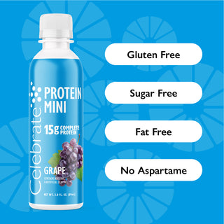 Protein mini bottle with grape flavor on a blue background with health benefits text.