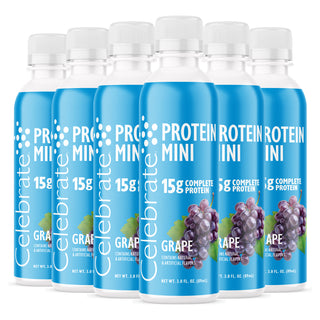 Multiple bottles of Celebrate Protein Mini Grape flavor on a white background