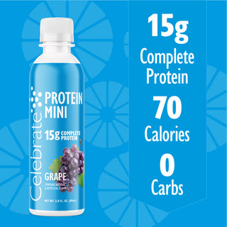 Protein mini bottle with grape flavor on a blue background