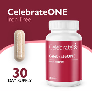 CelebrateONE Iron Free dietary supplement bottle with a white cap and white label, shown next to a single beige capsule on a maroon and white background with text reading 'CelebrateONE Iron Free' and '30 DAY SUPPLY'.