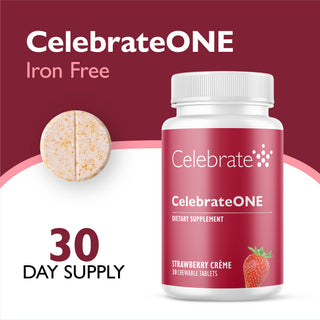 CelebrateONE Iron Free dietary supplement bottle in Strawberry Crème flavor, featuring a white bottle with a dark red label and a single round tablet shown beside it on a split white and dark red background.