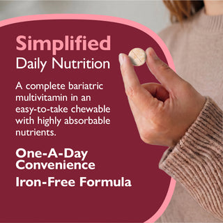 Hand holding a multivitamin with promotional text about simplified daily nutrition on a maroon background