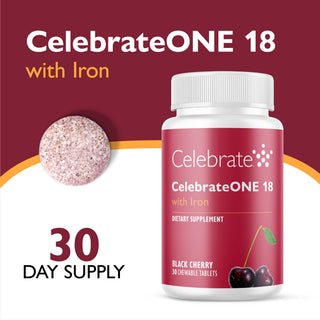 CelebrateONE 18 with Iron dietary supplement bottle on a maroon and white background, with a loose round tablet shown beside it and text indicating 30 day supply.
