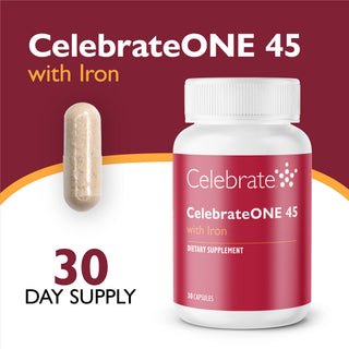 CelebrateONE 45 with Iron dietary supplement bottle shown next to a single capsule on a maroon and white background with text indicating 30 day supply.