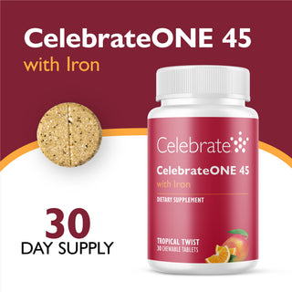 CelebrateONE 45 with Iron dietary supplement bottle on a white background with promotional text. The bottle is white with a dark red label, and a round iron tablet is shown beside it.
