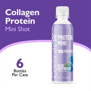 A bottle of Celebrate Protein Mini Blue Raspberry collagen protein powder shown on a purple and white graphic background with text reading 'Collagen Protein Mini Shot' and '6 Bottles Per Case'.