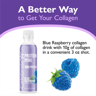 A bottle of Celebrate Protein Mini Blue Raspberry collagen drink shown on a purple and white promotional background with text and blue raspberry graphics.