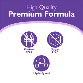 Promotional graphic with a purple header reading 'High Quality Premium Formula' and three circular icons below on a white background: a crossed-out wheat symbol labeled 'Gluten Free,' a crossed-out sugar cube symbol labeled 'Sugar Free,' and a hydrolyzed molecule symbol labeled 'Hydrolyzed.'.