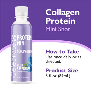 Celebrate Collagen Protein Mini Shot in Blue Raspberry flavor, shown in a 3 fl oz bottle on a purple and white graphic background with text detailing how to take and product size.