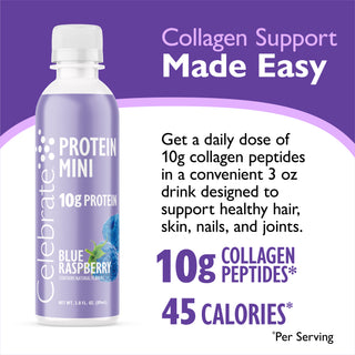 Celebrate Protein Mini Blue Raspberry collagen drink bottle on a purple and white promotional background with text highlighting 10g collagen peptides and 45 calories.