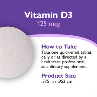 A product information graphic for Vitamin D3 125 mcg tablets. It features a close-up photo of a round off-white quick-melt tablet on the left, with text on a purple and white background detailing how to take the supplement and its product size of .