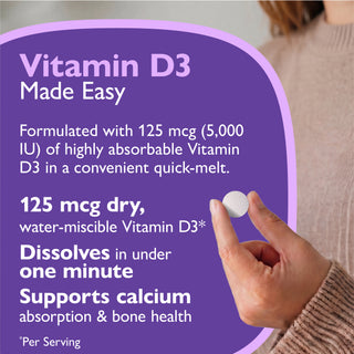 Promotional graphic for Vitamin D3 softgels, showing a hand holding a white round pill against a purple text panel with product details and a person wearing a beige sweater in the background.