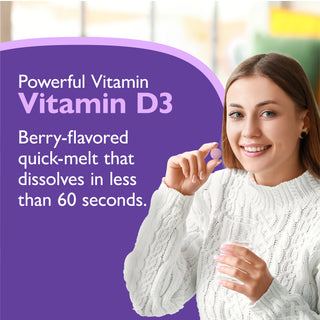 A smiling woman in a white cable-knit sweater holds a round vitamin D3 pill, with a large purple text panel on the left reading 'Powerful Vitamin D3' and 'Berry-flavored quick-melt that dissolves in less than 60 seconds.'.