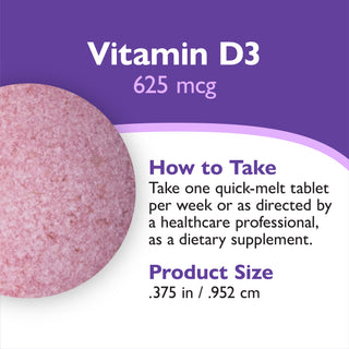 A product information graphic for Vitamin D3 625 mcg tablets. The left side shows a close-up of a pinkish-beige round tablet, while the right side has a white background with purple text detailing how to take the supplement and its size of .