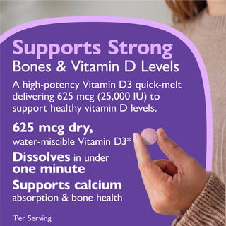 A purple informational graphic with text about a high-potency Vitamin D3 quick-melt supplement and a hand holding a small round pink pill.