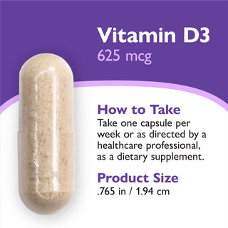 A supplement capsule filled with beige powder, shown on a purple and white graphic background with text reading 'Vitamin D3 625 mcg,' 'How to Take,' and 'Product Size .765 in / 1.