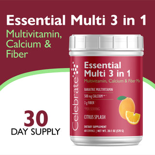 Celebrate Essential Multi 3 in 1 dietary supplement container in Citrus Splash flavor, shown alongside promotional text highlighting 'Multivitamin, Calcium & Fiber' and a '30 Day Supply' offer on a maroon and white background.