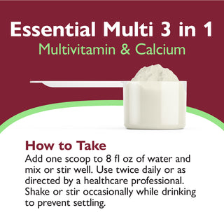 Multivitamin and calcium powder with instructions on a red and white background