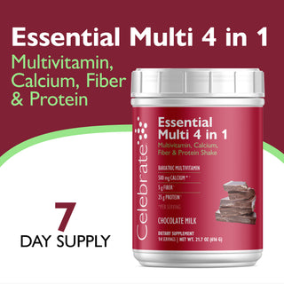 Celebrate Essential Multi 4 in 1 multivitamin powder in Chocolate Milk flavor, shown in a white tub with a red label, set against a dark red background with green and white graphic elements and text detailing the 7-day supply.