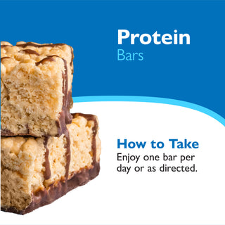 Promotional graphic for protein bars showing two stacked square bars with a crumbly tan texture and chocolate drizzle on the left, with blue and white text reading 'Protein Bars' and 'How to Take: Enjoy one bar per day or as directed.' on the right.