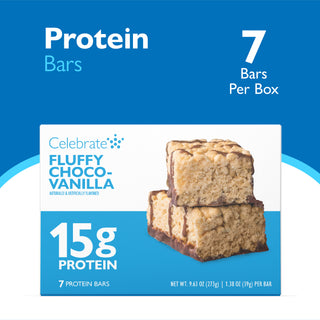 Celebrate Fluffy Choco- Vanilla protein bars box packaging, showing 7 bars per box with a blue and white design and a photo of two stacked chocolate-coated protein bars.