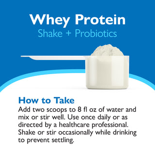Whey protein shake with a scoop and text on how to take it against a blue and white background