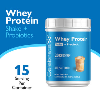 Celebrate Whey Protein Shake + Probiotics container with blue label and white cap on a blue and white background.
