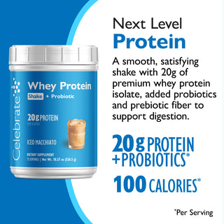 Celebrate Whey Protein shake container with blue label on a white background