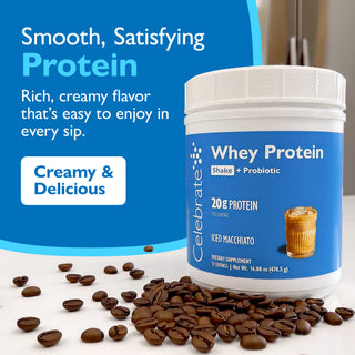 Celebrate Whey Protein container with coffee beans on a white surface