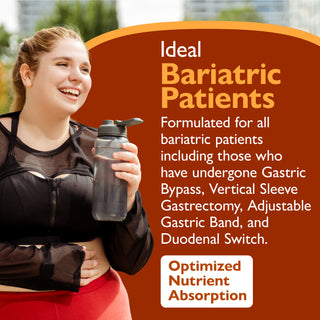 A promotional graphic for a water bottle, featuring a smiling woman in athletic wear holding the bottle on the left, with large orange text on the right reading 'Ideal Bariatric Patients' and additional product copy about optimized nutrient absorption.
