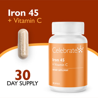 Celebrate Iron 45 + Vitamin C dietary supplement bottle with a white cap and orange label, shown beside a single capsule on a brown and white graphic background with '30 DAY SUPPLY' text.