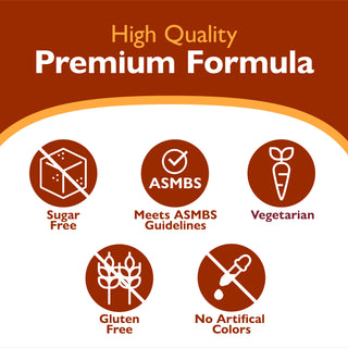 Promotional graphic for a premium formula with the text 'High Quality Premium Formula' on a dark brown background, featuring five circular icons with labels: Sugar Free, ASMBS, Vegetarian, Gluten Free, and No Artificial Colors.