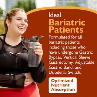 A woman in athletic wear holds a translucent gray water bottle with a black lid. The image is a promotional graphic with a large rust-orange background and text that reads 'Ideal Bariatric Patients' and 'Optimized Nutrient Absorption.