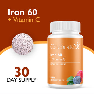 Celebrate Iron 60 + Vitamin C dietary supplement bottle on a white background with a brown upper section. The bottle is white with an orange label showing berry graphics.