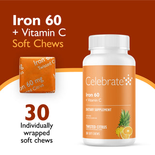 Celebrate Iron 60 + Vitamin C Soft Chews dietary supplement bottle with a white cap and orange label, shown alongside an individually wrapped soft chew and text stating 30 individually wrapped soft chews on a white and orange background.