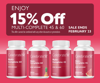 Advertisement for Celebrate Multi-Complete 45 and 60 supplements with a 15% off discount offer on a pink background.