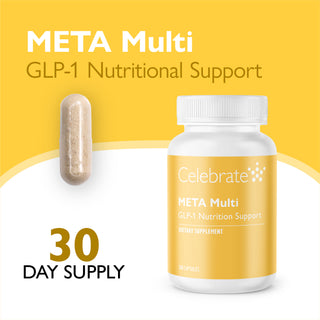 Celebrate Meta Multi GLP-1 Nutritional Support dietary supplement bottle with a single capsule shown beside it on a yellow and white graphic background.