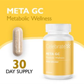 Celebrate Meta GC Metabolic Wellness dietary supplement bottle with a single capsule shown beside it on a yellow and white background, with text reading 'META GC Metabolic Wellness' and '30 DAY SUPPLY'.