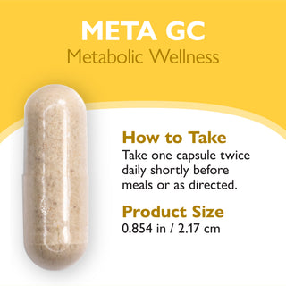 A supplement capsule shown on a yellow and white graphic background with text reading 'META GC Metabolic Wellness,' 'How to Take,' and 'Product Size 0.854 in / 2.