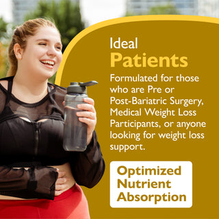 A smiling woman in a black sheer mesh top and red bottoms holds a clear water bottle while standing outdoors. The right side features a large mustard-yellow graphic panel with text reading 'Ideal Patients' and 'Optimized Nutrient Absorption.