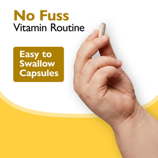 Hand holding a pill with 'No Fuss Vitamin Routine' text and 'Easy to Swallow Capsules' label on a yellow and white background.