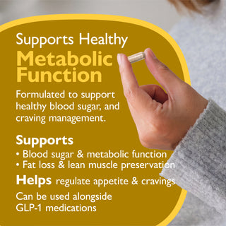 A hand holds a beige capsule pill between fingers against a yellow and white promotional graphic that reads 'Supports Healthy Metabolic Function' with additional text about blood sugar, fat loss, and GLP-1 medications.