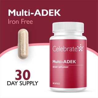 Celebrate Multi-ADEK Iron Free dietary supplement bottle with a single beige capsule shown beside it on a maroon and white background with text reading '30 DAY SUPPLY' and '60 CAPSULES'.