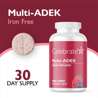A bottle of Celebrate Multi-ADEK dietary supplement with berry sorbet flavor, shown alongside a single round tablet and text stating 'Multi-ADEK Iron Free' and '90 Day Supply'.